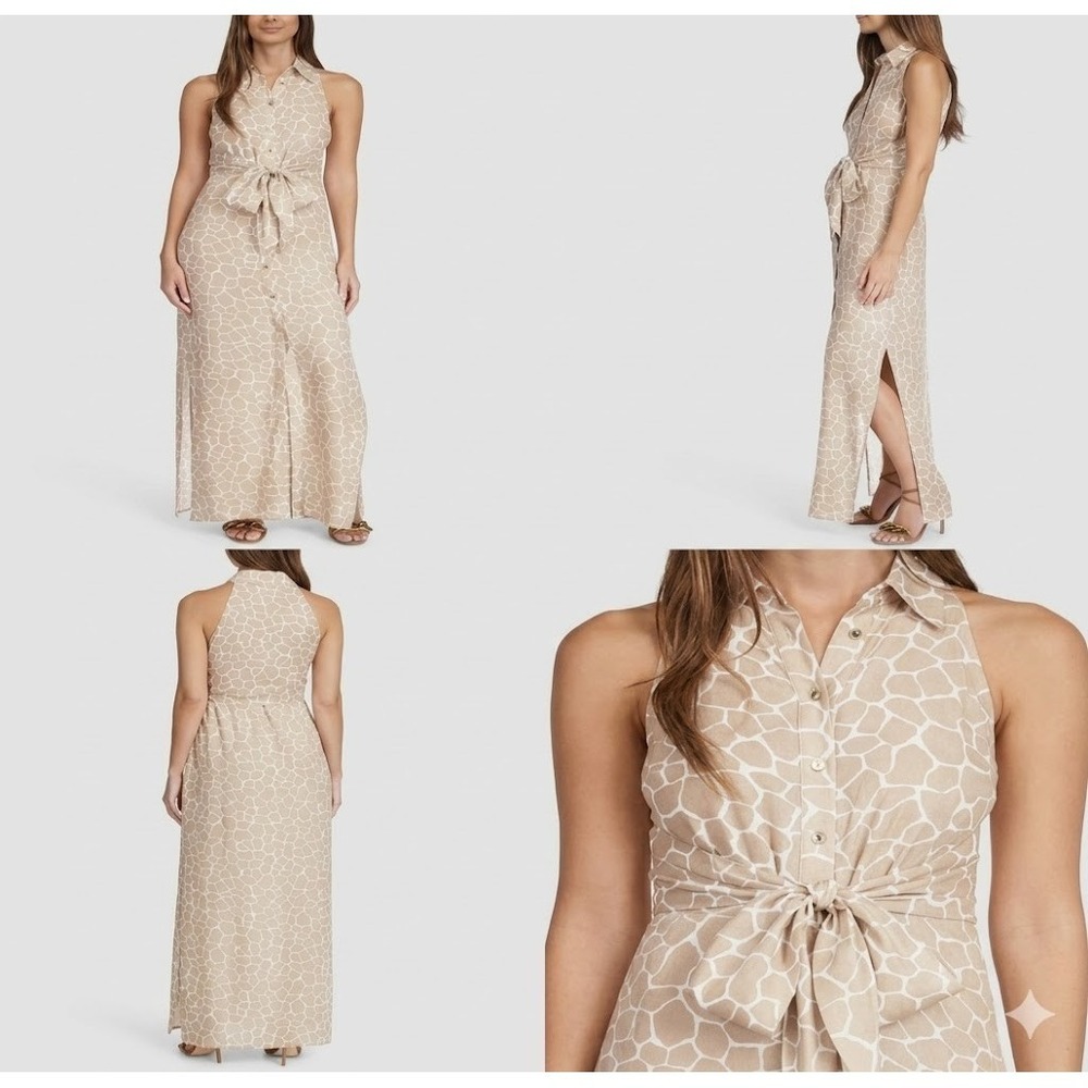 Michael Kors Maxi Dress Womens XS Beige Giraffe-Print Sleeveless Button Front